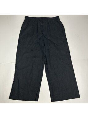 NWT DKNY Pure Women Pants Black 100% Linen Wide Leg Cropped Hi Rise Pull On Sz S